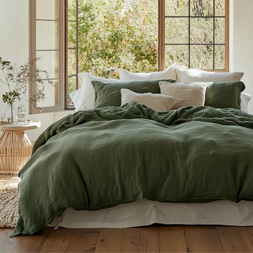 Bedsure 100% Muslin Cotton Duvet Cover Queen Size - Ultra-Soft, Breathable & Lightweight - Linen Like Gauze Comforter Cover Set with Button Closure and Corner Ties (Olive Green, Queen, 90"x90") Bedsure