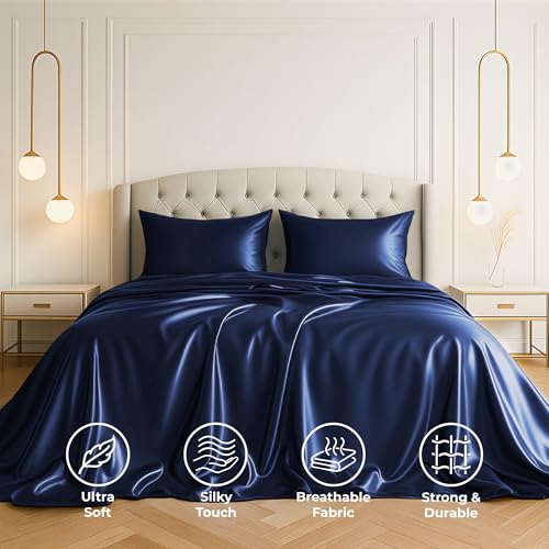 Pure Bedding Satin Sheets Twin Hotel Luxury Silky Bed Sheets - Extra Soft 1800 Microfiber Sheet Set, Wrinkle, Stain Resistant - Deep Pocket Fitted Flat Sheet, Pillow Cases (3-Piece, Midnight Blue) Pure Bedding