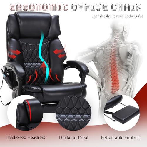 Massage Office Chair with Foot Rest 6 Points Vibration and Heat Home Office Desk Chairs for Heavy People 400lbs Reclining Managerial Chairs Ergonomic Executive Chair (Black) HESL