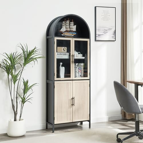 HUSHEDIFY Arched Storage Cabinet with Glass Doors & Shelves, 5-Tier Farmhouse Bookcase Bookshelf Tall Floor Curved Hutch Storage Cabinet for Living/Dining/Office - Oak&Black HUSHEDIFY