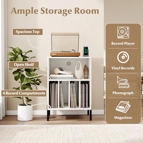 LOKO Record Player Stand with LED Lights, Turntable Stand with Charging Station, Vinyl Storage Holder with Sturdy Metal Legs, Album Display Shelf for Living Room, Bedroom (White) LOKO