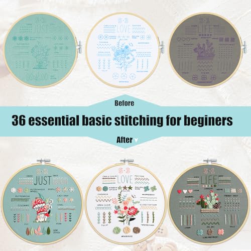 KintKita 3 Sets Embroidery Kit for Beginners to Learn 36 Basic Embroidery Stitches Practice Kit,Hand Embroidery Cross Stitch Kits for Beginners with Embroidery Patterns, Hoop,Threads,Tools