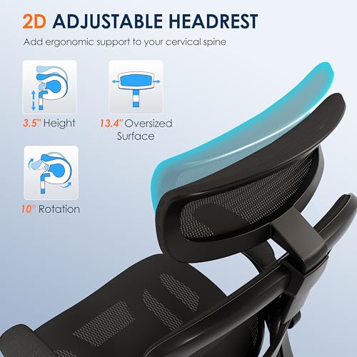 GABRYLLY Ergonomic Mesh Office Chair, Adjustable Home Desk Chair with Folding Armrest, 2D Headrest, Soft Seat and PU Wheel, Black Swivel Task Chair for Office, Business, Student (GY1108) GABRYLLY