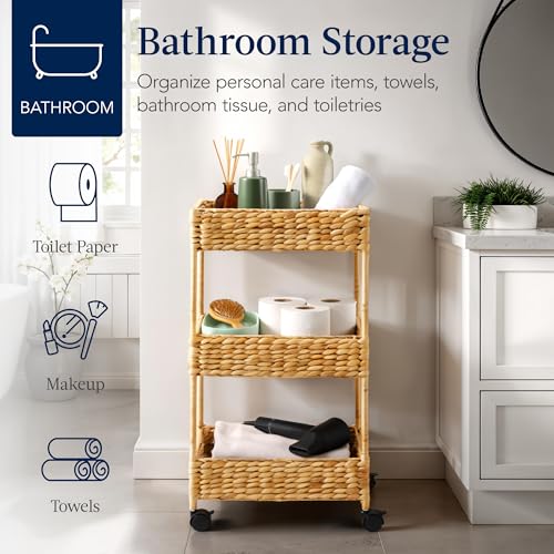 Best Choice Products 3-Tier Water Hyacinth Rolling Nursery Caddy w/Wheels, Utility Cart, Storage Organization for Bathroom, Craft Room, Laundry Room - Natural