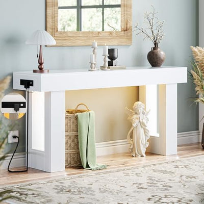 Unikito 63'' Farmhouse Console Table with Power Outlets and Sensor Light, Wooden Entryway Table with Storage, Rectangular Sofa Tables Behind The Couch for Entrance, Hallway, Living Room, Antique White