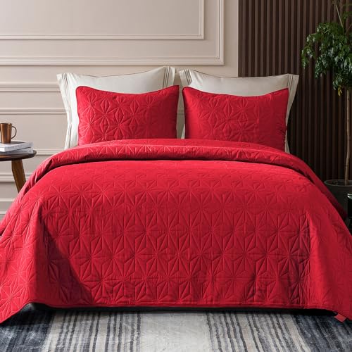 Whale Flotilla King Quilt Bedding Set, Soft Bright Red Bedspreads Quilts King Size for All Seasons, 3 Pieces Lightweight Geometric Star Pattern Coverlet