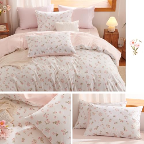 Erwinmu Floral Comforter Set Twin Size - 2 Pieces Pink White Floral Comforter Bedding Sets Reversible Pattern,Twin Bed in a Bag with Flowers Comforter and 1 Pillowcase Erwinmu
