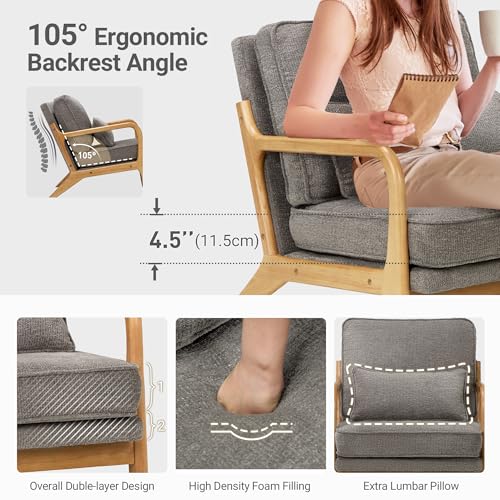 COLAMY Mid Century Modern Accent Chair Set of 2 with Lumbar Pillow, Relaxing Armchair with Solid Wood Frame & Soft Cushion, Reading Leisure Chair for Living Room,(Grey) COLAMY