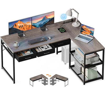 AODK 53 Inch L Shaped Computer Desk with Drawers, Corner Desk with Power Outlets & Reversible Storage Shelves, for Home Office Gaming, Oak Grey