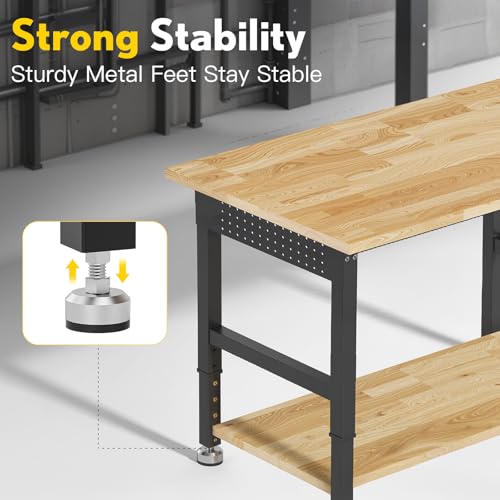 96” Adjustable Work Bench, 2-Layer Heavy Duty Workbench, 6000 LBS Capacity Workbench with Pegboard & Power Outlet, Rubber Wood Work Table for Garage, Office, Workshop, Home FIXCHIGO