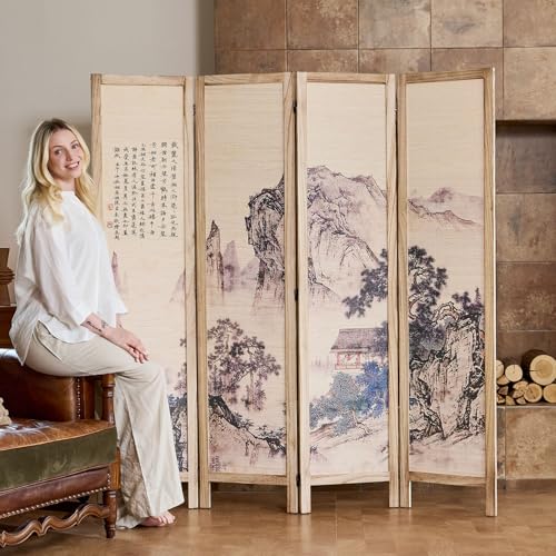 Svimi Asian Style Room Divider - 4 Panel Plum Blossom/Mountain/Calligraphy Design with Wood Frame, Freestanding Partition Screen (67″H x 64″W) (Nature, Calligraphy) Svimi