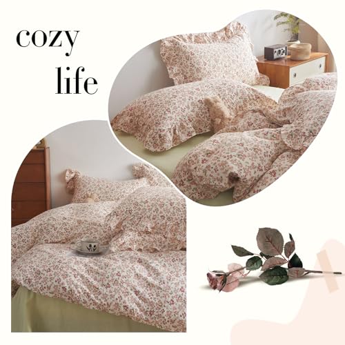 VM VOUGEMARKET Red Flower Comforter Set Queen Aesthetic Bedding Set Garden Style Blooming with Ruffle Pillow Shams for Teen Girls Bed in a Bag Flurry Comforter Set-90x90 Inch VM VOUGEMARKET