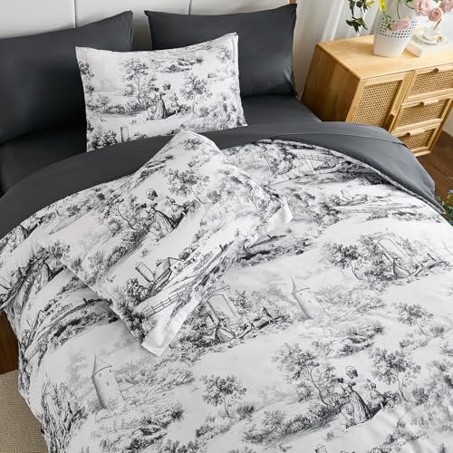 WONGS BEDDING Queen Comforter Set 7 Pieces, Black and White Botanical Bed in a Bag, Farmhouse French Toile Floral Bed Set WONGS BEDDING
