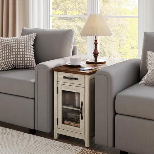 LINSY HOME Farmhouse End Table with Charging Station, Narrow Side Table for Living Room, Sofa Side Table with Drawer and Storage Cabinet, Small Nightstand for Bedroom LINSY HOME