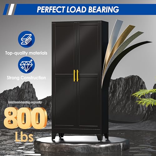 GAIOUS 71" Tall Metal Storage Cabinet with 2 Doors and 4 Adjustable Shelves, Kitchen Pantry Cabinet Black Freestanding Cupboard, 5 Tier Multifunctional Steel Storage for Office, Kitchen, Dining Room GAIOUS