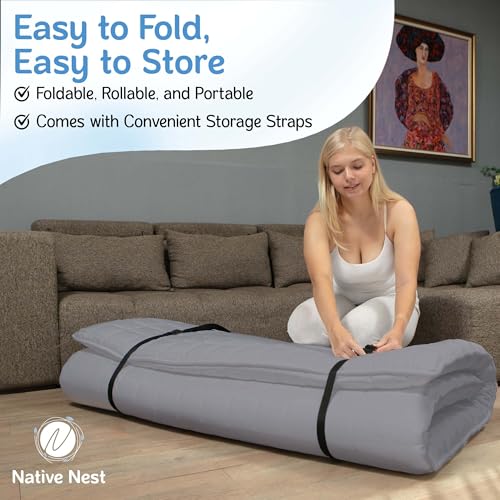 Native Nest Japanese Futon Floor Mattress - Medium Firm Futon Mattress for Sleeping - Shikibuton - Foldable and Portable Japanese Bed (Grey, Queen) Native Nest