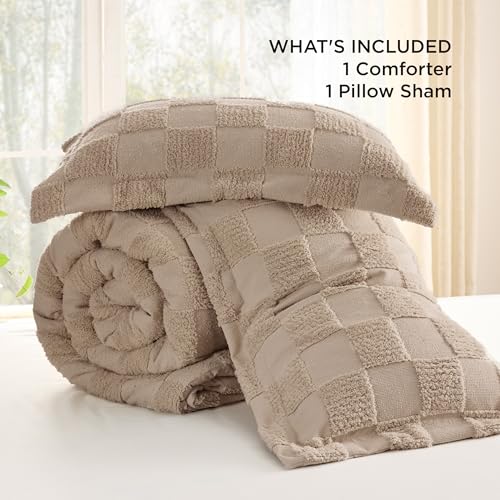 Bedsure Twin/Twin XL Size Comforter Set Khaki, Boho Tufted Bed Set, Checkered Farmhouse Shabby Chic Bedding, 2 Pieces, 1 Plaid Geometric Comforter and 1 Pillow Sham Bedsure