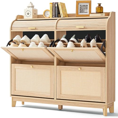 LINSY Shoe Storage Cabinet, Rattan Shoe Cabinet Wood Shoes Rack Cabinets with Sliding Tambour Door, Large Flip Drawer Shoe Cabinet Boho Hidden Shoe Storage for Entryway, Front Door, Hallway, Oak LINSY
