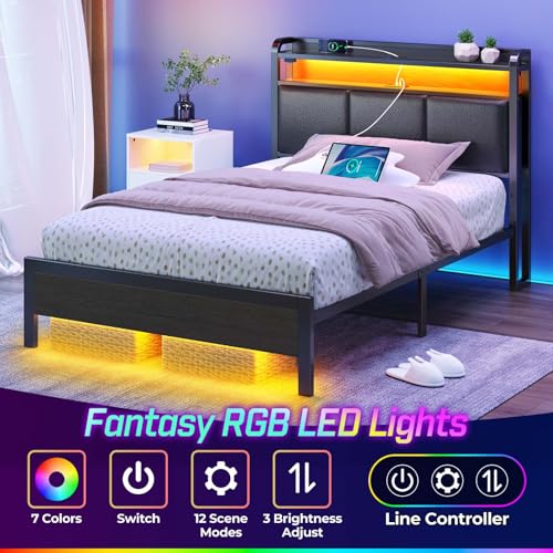 Rolanstar Bed Frame Twin Size with Charging Station and LED Lights, PU Leather Headboard with Storage Shelves, Heavy Duty Metal Slats, No Box Spring Need, Noise Free, Easy Assembly, Black Rolanstar