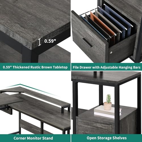 DWVO L Shaped Desk with Lift Top, 65" Adjustable Standing Desk with File Drawer, Corner Computer Desk with Storage Shelves,Home Office Desk, Grey DWVO