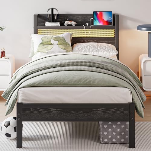 JUISSANO Twin Size Bed Frame with Charging Station and LED Lights,Black Metal Twin Bed Frame with Headboard Storage Shelf,Single Bed Frames with Under Bed Storage,No Box Spring Needed,Easy Assembly JUISSANO