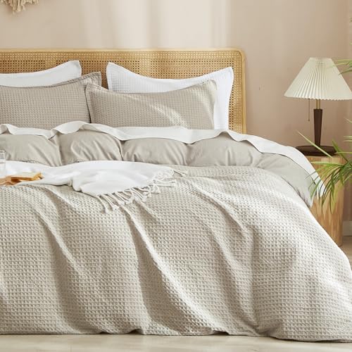 PHF Waffle Weave Duvet Cover Set King Size, No Snagging Ultra Soft Luxury Textured Breathable Comforter Cover for All Season 3pcs, Durable Bedding Duvet Set with 2 Pillow Shams, 104"x90", Linen PHF