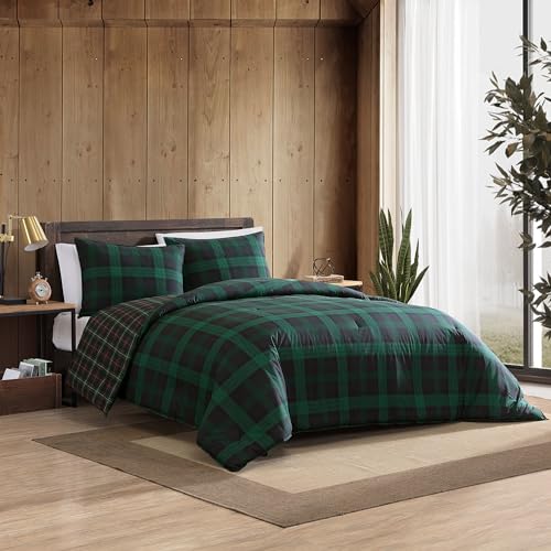 Eddie Bauer - Twin Comforter Set, Reversible Cotton Bedding with Matching Sham, Medium-Weight for Year Round Use, Dorm Essentials (Woodland Tartan Green) Eddie Bauer