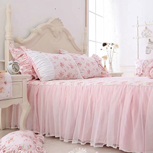 LELVA Romantic Roses Print Duvet Cover Set with Bed Skirt Pink Lace Ruffle Floral Shabby Chic Bedding Sets Full 4 Piece LELVA