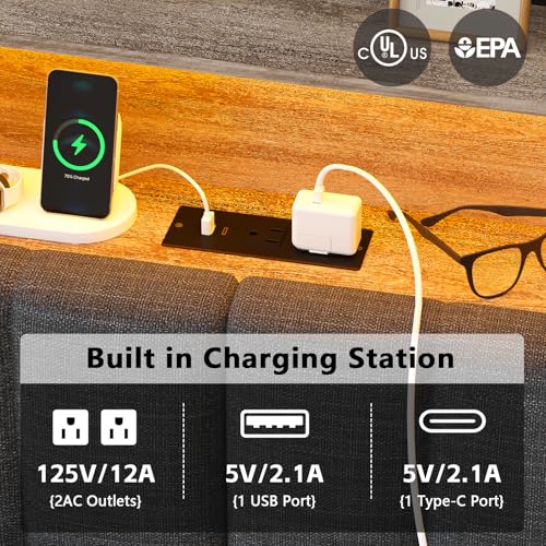 CSZZD King Size Bed Frame and Bookcase Headboard & Storage Drawers, LED Upholstered Platform Bed Frame King Size with USB Charging Station, No Box Spring Needed, Easy Assembly, Oak Gray CSZZD