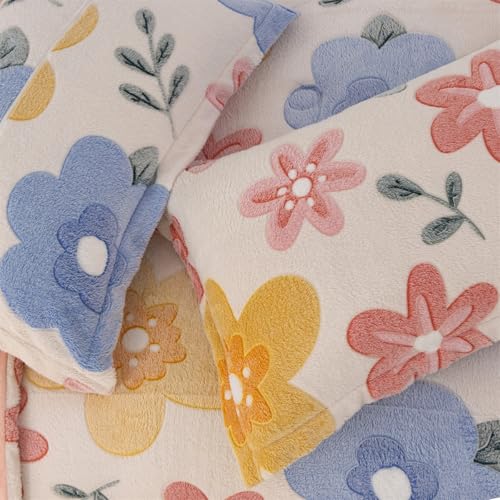 Holawakaka Full Fluffy Comforter Set, Cute Botanical Flowers Print Fleece Bedding Set for Girls Women, Super Soft Floral Fuzzy Bed Set with Pillowcases for Nursery & Kids Teen's Bedroom Holawakaka