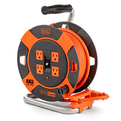 BLACK+DECKER 50 Ft. Retractable Extension Cord Reel With 4 Outlets, Multi-Plug Extension, Easy Handle Rewind & Heavy-Duty 14AWG SJTW Cable Black + Decker
