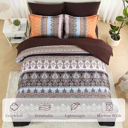 LXWORX Boho Comforter Set Queen - 7 Pieces Bed in a Bag, Bohemian Striped Comforter Set with Sheets, Soft Microfiber Brown Floral Bedding Set for All Season (Brown, Queen) LXWORX