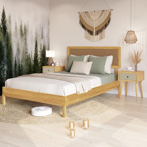 Bme Nipe 14 Inch Bohemian Queen Bed Frame with Adjustable Woven Headboard in Natural Acacia Wood Bme