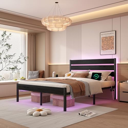 Chuangshuo Guard Full Size Bed Frame with Headboard,Heavy Duty LED Bed Frame with USB Charging Station,Mattress Foundation-Under Bed Storage, No Box Spring Needed, Noise Free,Black Chuangshuo Guard