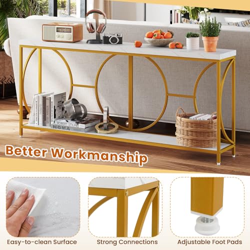 GOFLAME 71” Extra Long Console Table, 2-Tier Faux Marble Entryway Table with Storage Shelf, Geometric Metal Frame, Modern Gold Accent Table, Narrow Sofa Table for Living Room, Hallway GOFLAME