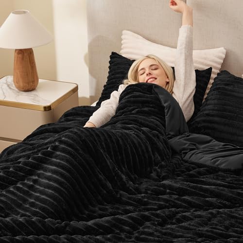 EXQ Home Fluffy Comforter Set Twin Size - Super Soft Faux Fur Stripe Jacquard Comforter 2 Pieces, Black Fleece Bedding Set,Winter Warm Bed Set,1 Comforter with 1 Pillowcase EXQ Home