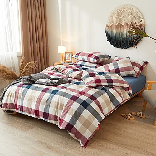 DONEUS 100% Washed Cotton Duvet Cover Set Super Soft Breathable Comfy Natural Linen Like Textured Bedding Set 3 Pieces with 2 Pillow Shams (Blue Red Plaid, Queen) DONEUS