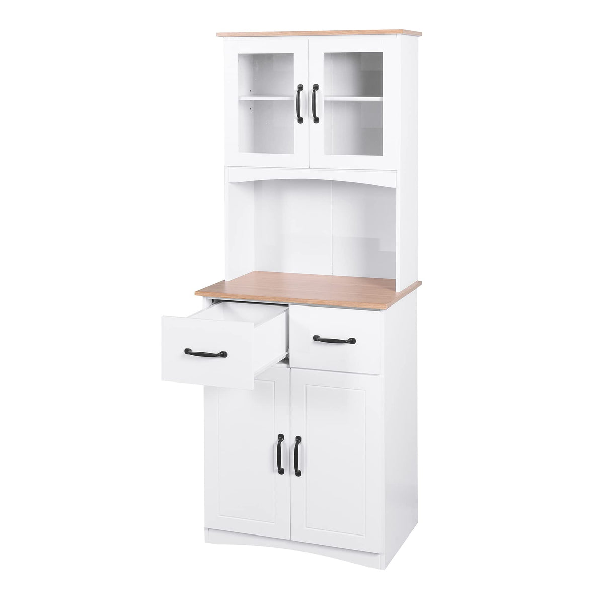 Aisurun Kitchen Buffet with Hutch, Freestanding Pantry Cabinet Kitchen Cupboard with 4 Doors, 2 Drawers & Open Shelf, 2 Storage Cabinets with Adjustable Shelves, White Aisurun