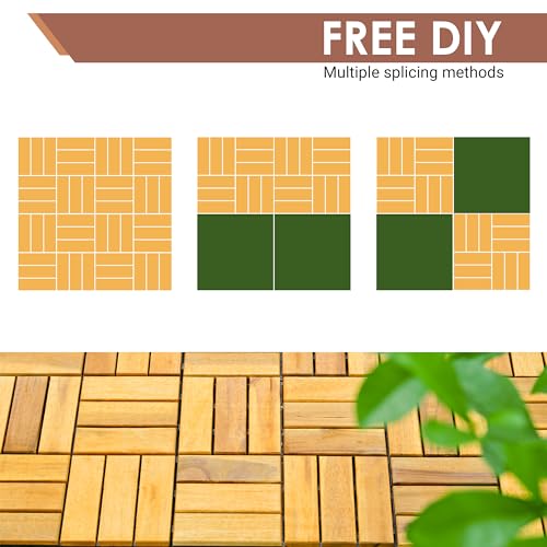 PrimeZone 54 PCS Solid Acacia Wood Interlocking Patio Deck Tiles - 12" x 12" Indoor Outdoor Waterproof Flooring Tiles for Balcony, Backyard, Garden & Poolside, All Weather Use, Natural Wood, Checker PrimeZone