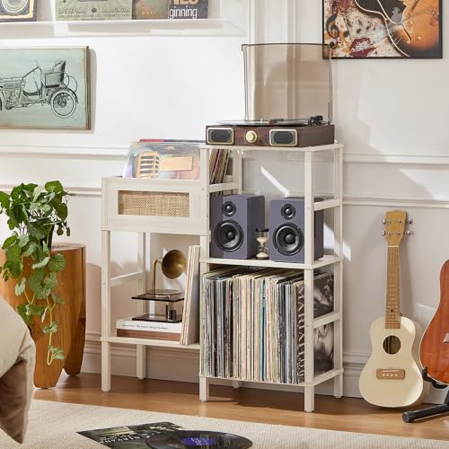 LELELINKY Record Player Stand, White Cream Oak Wood Record Holder with Vinyl Storage Holds up to 300+ Albums, 3-Tier Rattan Media Table with Vinyl Display Shelf, Record Storage Cabinet for Living Room LELELINKY