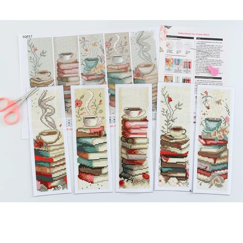 VIGEGU 5 Pack Cross Stitch Kits for Beginners,Coffee Stamped Cross Stitch Kits Bookmarks for Women,11ct Cross Stitch Embroidery Kit for Beginners Crafts for Adults