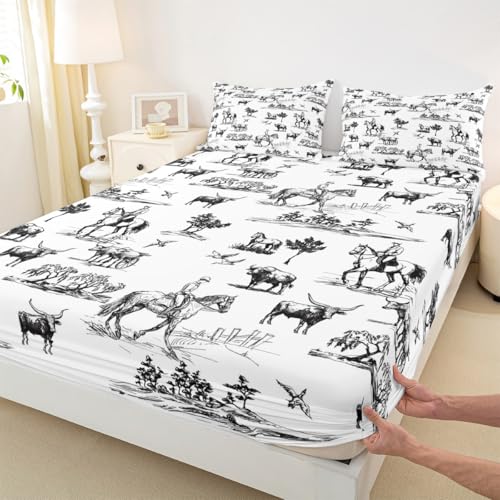 Western Sheet Set King Size Sketch Cowboy Cow and Horse Bedding Set 4Pcs Farm Animal Bed Sheet for Kids Boys Girls Adult Room Decor Black White Rustic Farmhouse Fitted + Flat Sheet,2 Pillowcase Castle Fairy