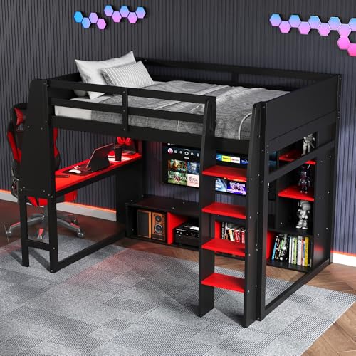 Full Size Gaming Loft Bed with Desk & RGB Light & Open Wardrobe,Wooden Loft Bed Frame with Storage Shelves,Safety Guardrails,Ladder and Under Bed play Space for Teens Adults,No Box Spring Needed,Black Harper & Bright Designs