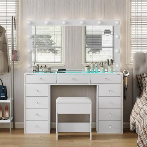 Vanity Desk with Mirror, Makeup Table with Power Outlet and 11 Lights, Set 3 Lighting with RGB Drawers, Vanity Table with 11 Drawers and Cushioned Stool for Bedroom, Dressing Room (White) CollaredEagle