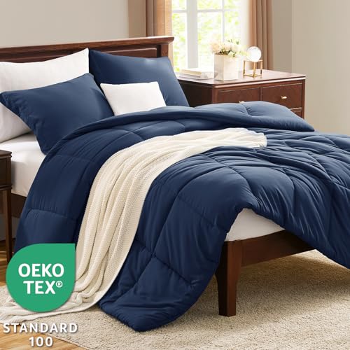 CozyLux Full Size Comforter Sets - Navy Blue Comforter Full Size, 3 Pieces Box Stitched Bed Set for All Seasons, Soft Lightweight Bedding Sets with 1 Down Alternative Comforter and 2 Pillow Shams CozyLux