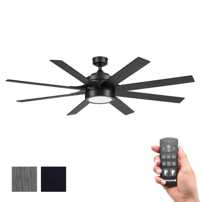 Honeywell Ceiling Fans Xerxes Modern 62 Inch Ceiling Fan with Light, Remote Control Fan, LED Indoor Fan with 8 Blades, Matte Black and Ash Blade Finish Options, Matte Black (51473-01)