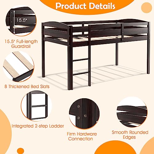 KOTEK Twin Loft Bed, Solid Wood Low Loft Bed for Kids with Ladder & Guard Rails, No Box Spring Needed, Space-Saving Loft Bed Frame for Boys & Girls (Espresso) KOTEK