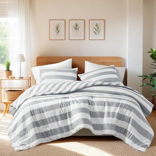 Regency Heights Reversible Striped King Comforter Set, Soft Microfiber Bedding Set with Double-Sided Stripes Design, Warm & Cozy for All-Seasons, 3-Piece Comforter and Shams Set King Size, Grey Regency Heights