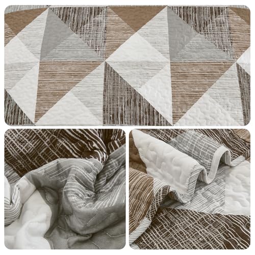 Dintszyayue Quilt Queen Size Brown, 3 Pieces Patchwork Bedspread Bedding for Queen Size Bed, Soft Lightweight Microfiber Geometric Coverlet Set for All Season Quilt with 2 Pillowcases Dintszyayue