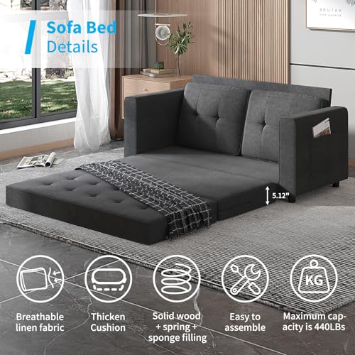 Mjkone Futon Floor Pull Out Sofa Bed, Folding Loveseat Sleeper with Tri-Fold Pullout Beds, 55" Width 2-in-1 Multi-Function Fold Out Gaming Sleeper Sofas Couch for Living Room Home Office, Dark Grey Mjkone